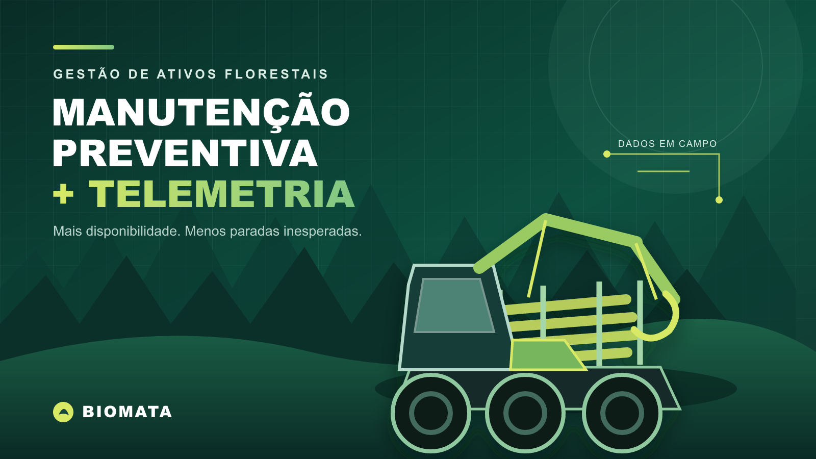 Ilustração de máquina florestal conectada à telemetria em área de floresta, com destaque para manutenção preventiva e disponibilidade.